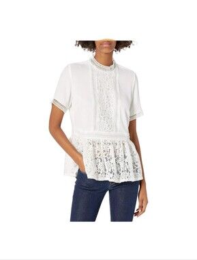 Catherine Malandrino Off White Lace Peplum Mock Neck Blouse Top NWT Size S
